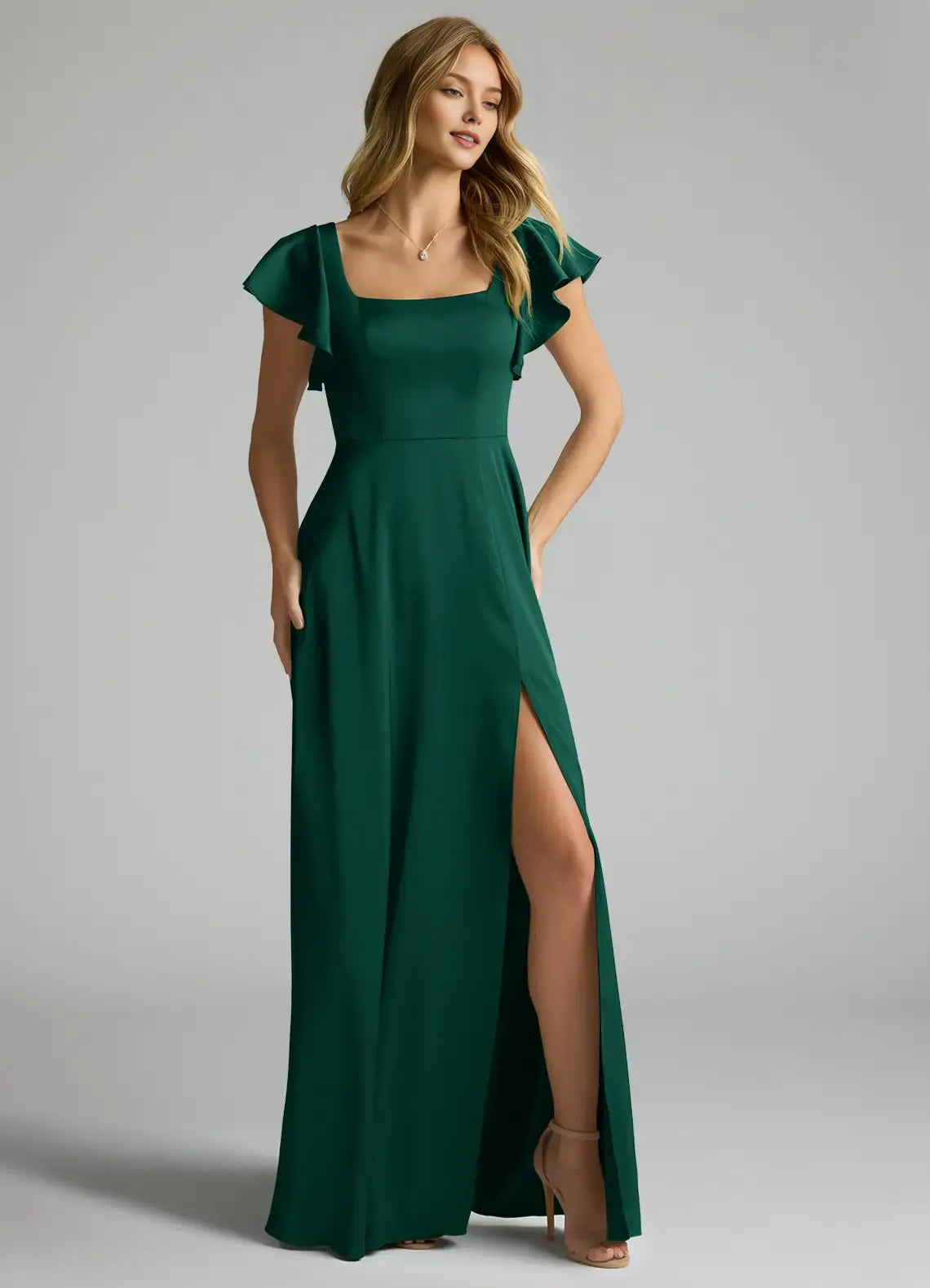 Elegant Emerald A-Line Square Neck Ruffled Sleeve Back Tie Bow Back Zip High-Slit Floor-Length Bridesmaid Dresses Hot Sale