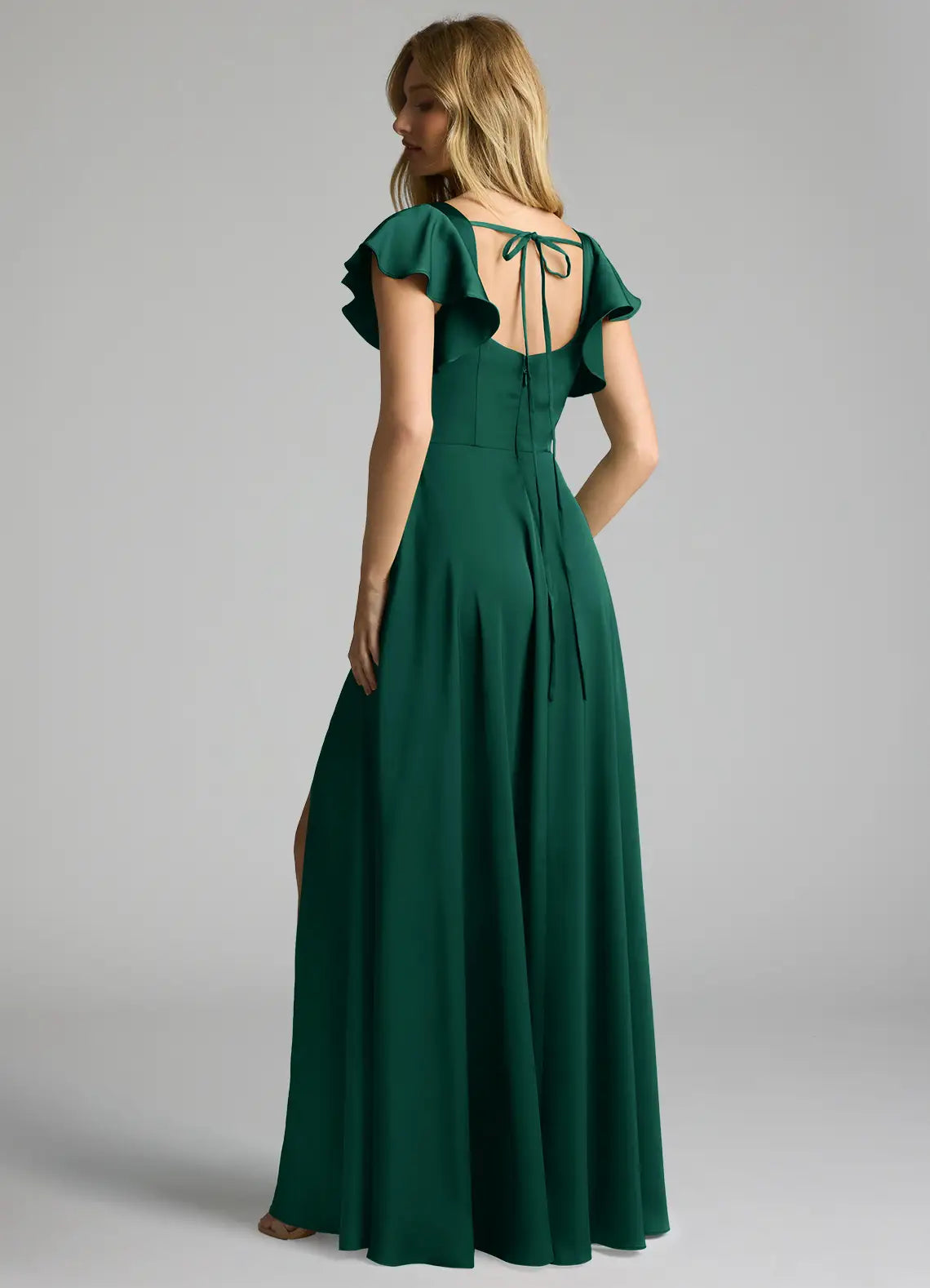 Elegant Emerald A-Line Square Neck Ruffled Sleeve Back Tie Bow Back Zip High-Slit Floor-Length Bridesmaid Dresses Hot Sale