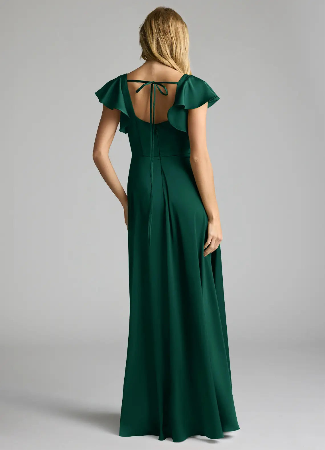 Elegant Emerald A-Line Square Neck Ruffled Sleeve Back Tie Bow Back Zip High-Slit Floor-Length Bridesmaid Dresses Hot Sale