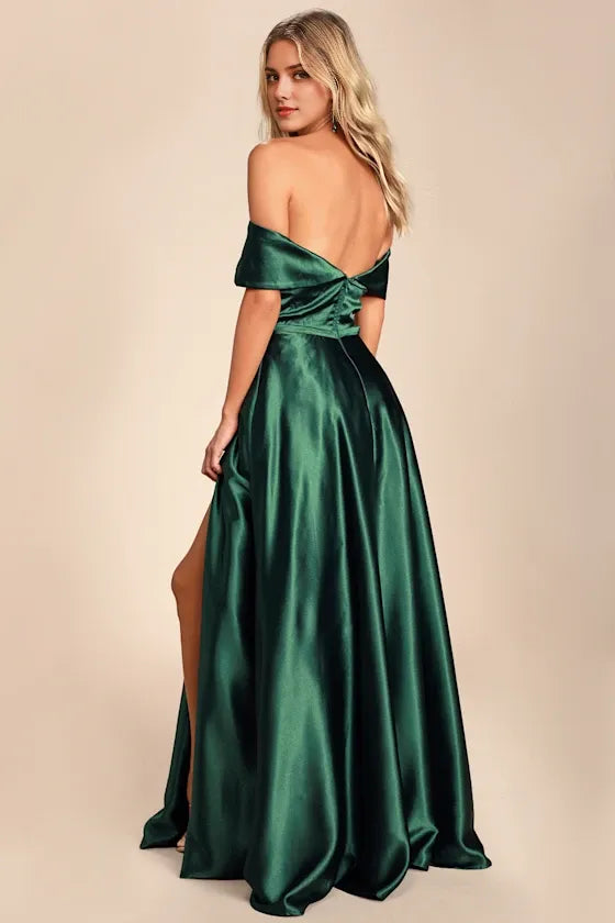 Elegant Emerald Green A-Line Off-the-Shoulder Sleeveless Open Back Floor-Length High Slit Satin Prom Dress