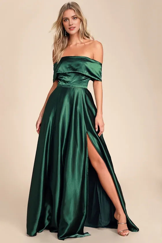 Elegant Emerald Green A-Line Off-the-Shoulder Sleeveless Open Back Floor-Length High Slit Satin Prom Dress
