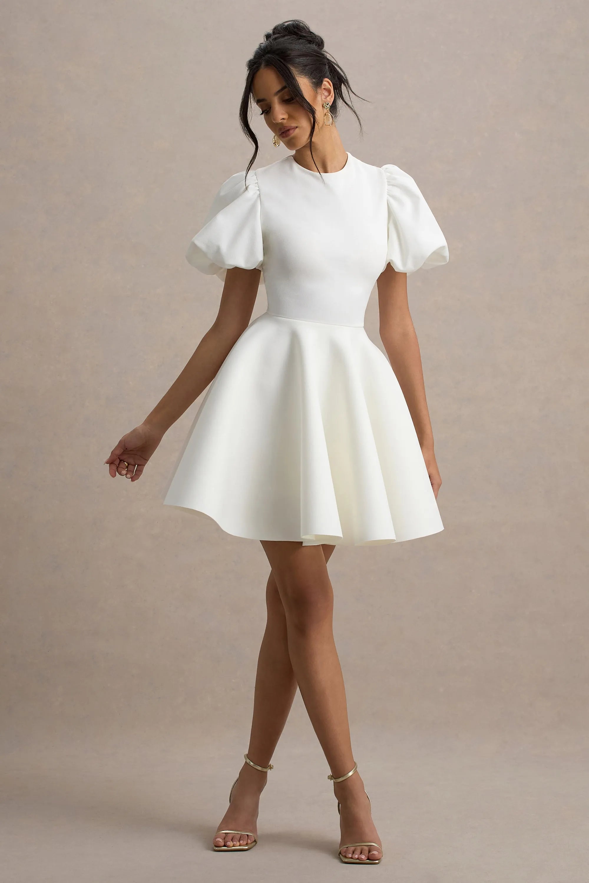 Elegant Fit-and-Flare Crew Neck Puff-Sleeve Keyhole Back Short Homecoming Dresses