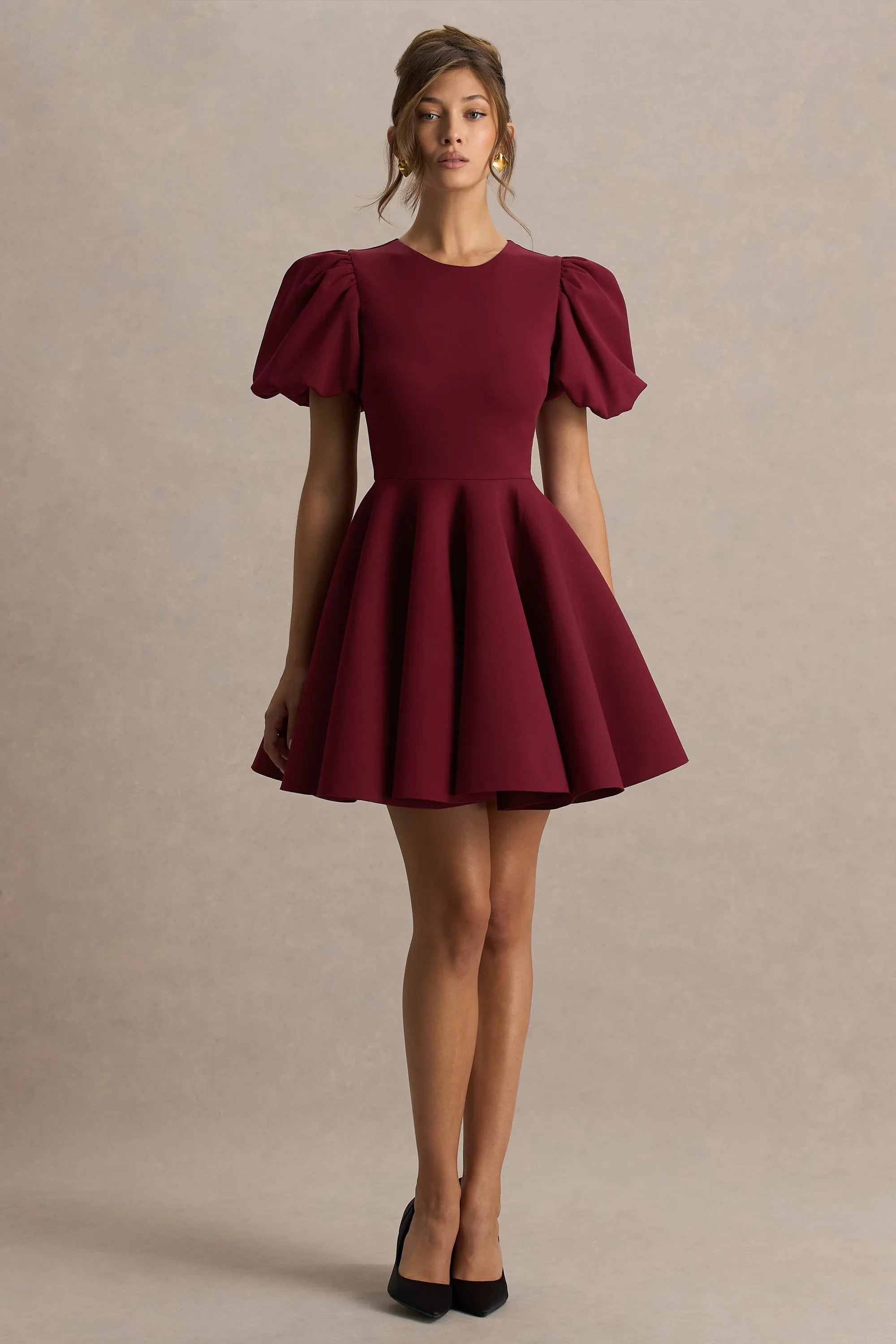 Elegant Fit-and-Flare Round Neck Puff Sleeve Keyhole Back Zipper Mini Homecoming Dresses