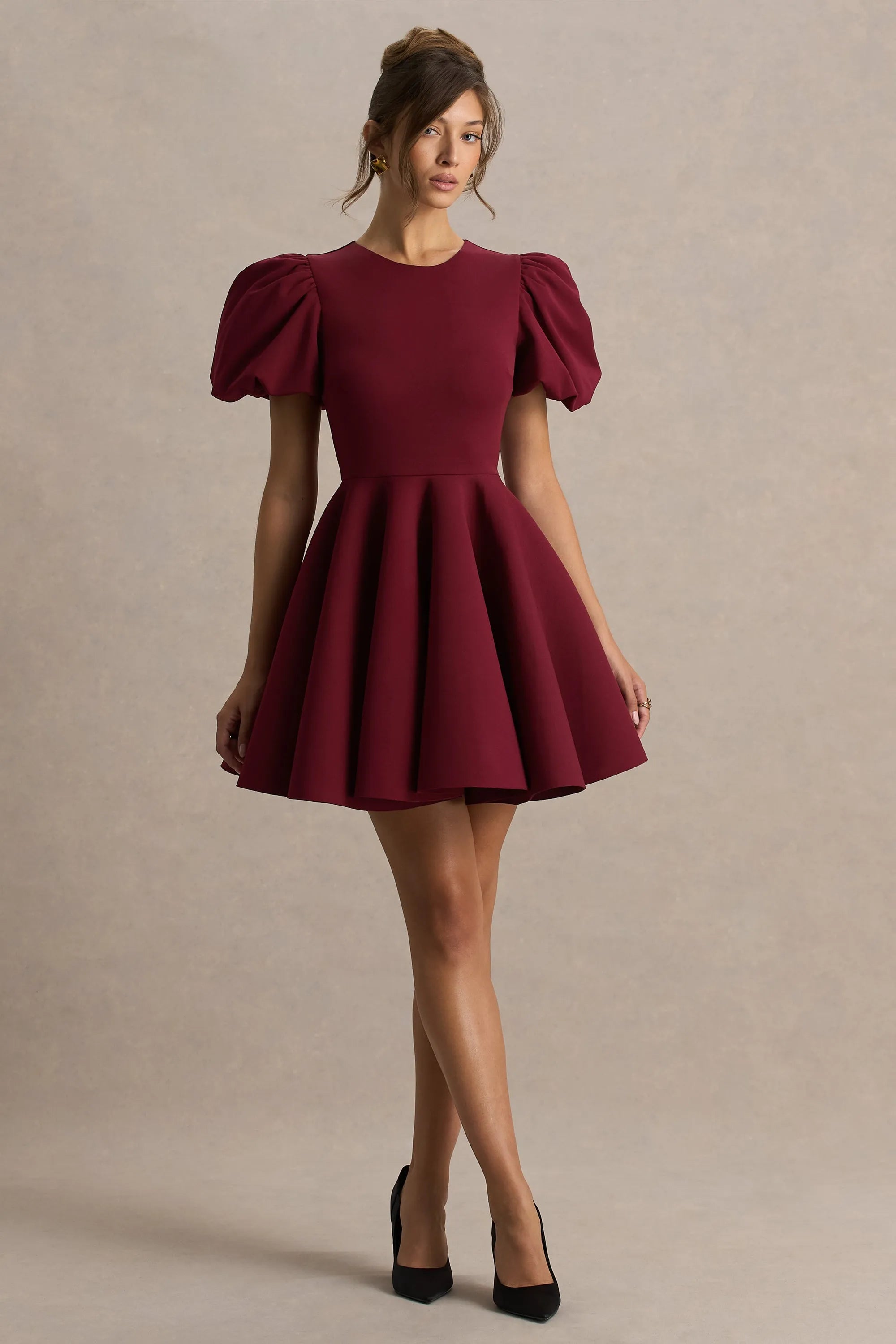 Elegant Fit-and-Flare Round Neck Puff Sleeve Keyhole Back Zipper Mini Homecoming Dresses