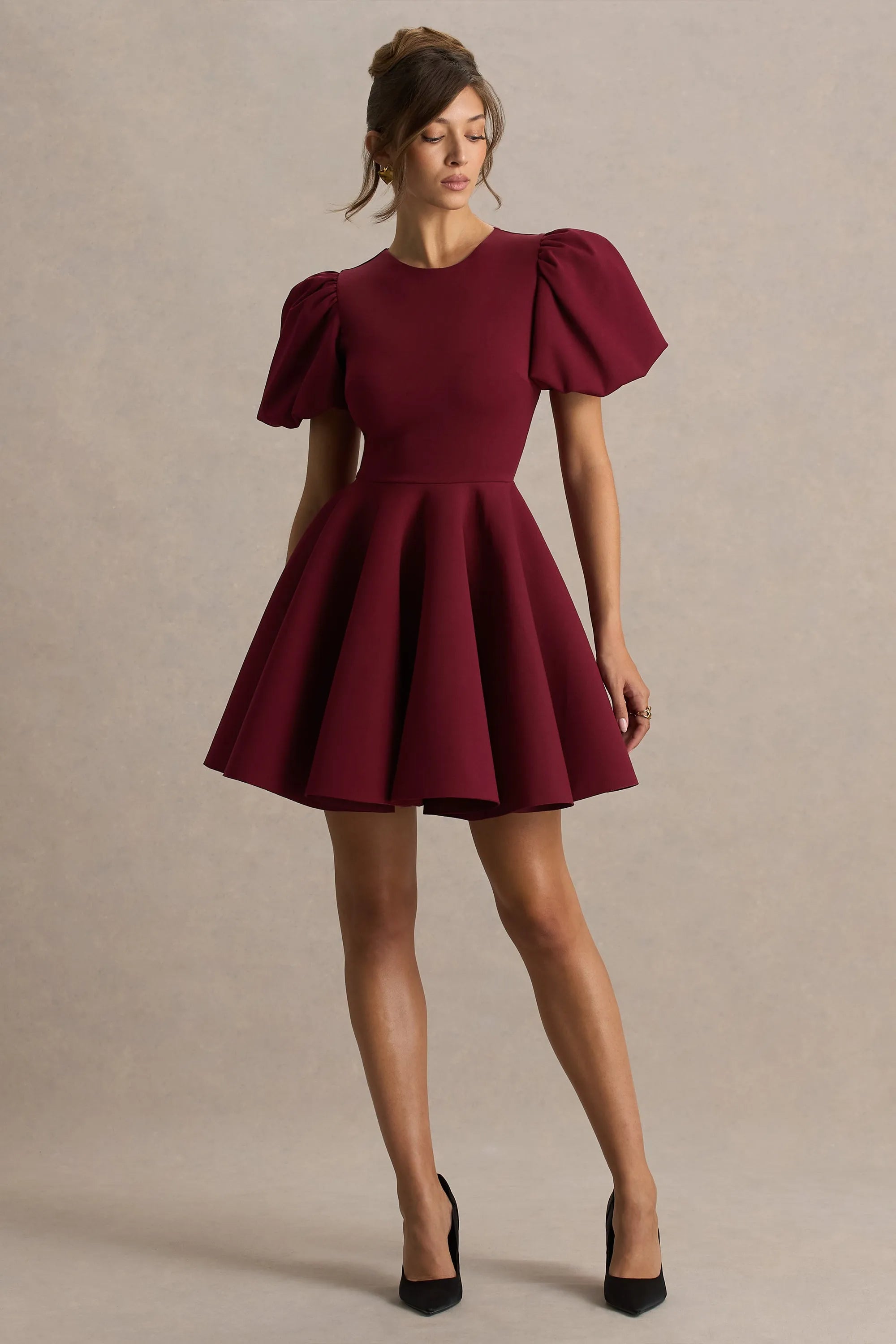Elegant Fit-and-Flare Round Neck Puff Sleeve Keyhole Back Zipper Mini Homecoming Dresses