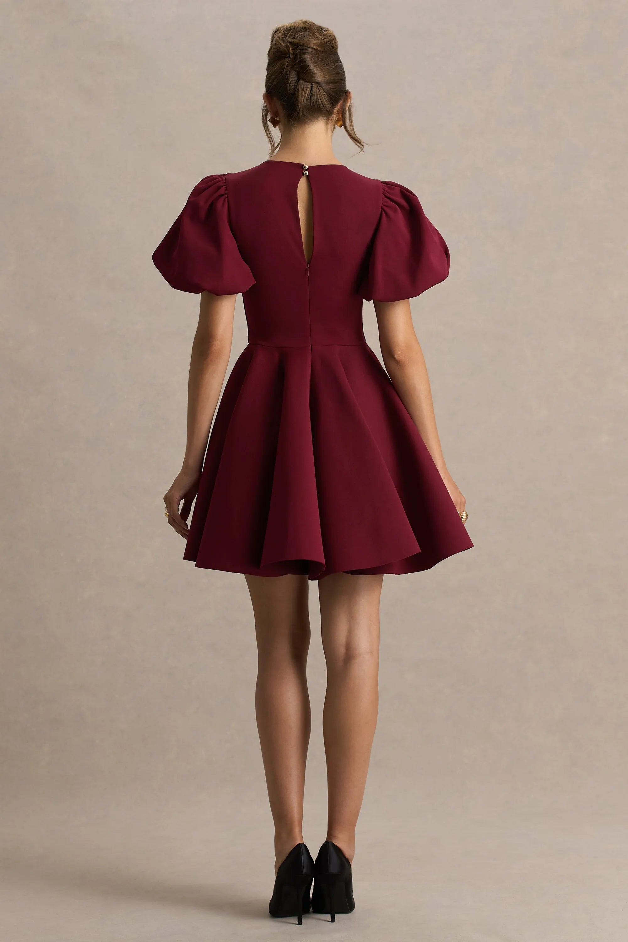 Elegant Fit-and-Flare Round Neck Puff Sleeve Keyhole Back Zipper Mini Homecoming Dresses