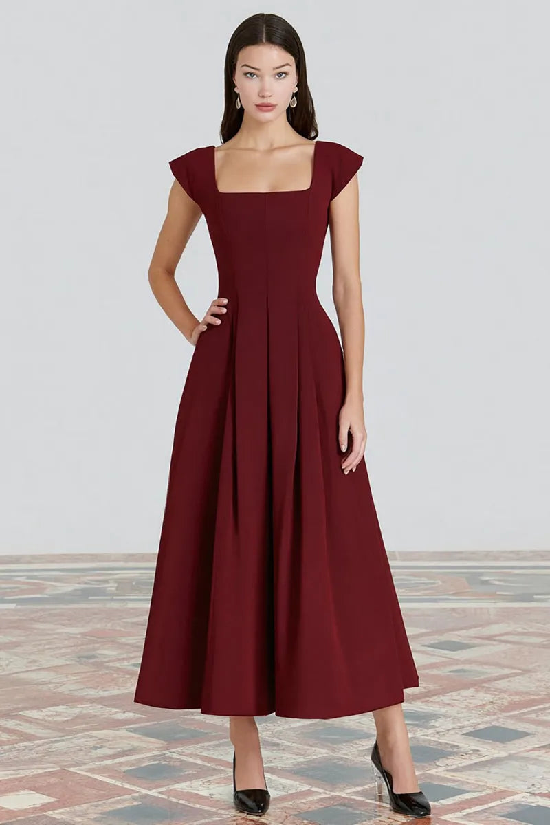Elegant Fit-and-Flare Square-Neck Cap-Sleeve Floor-Length Prom Dress