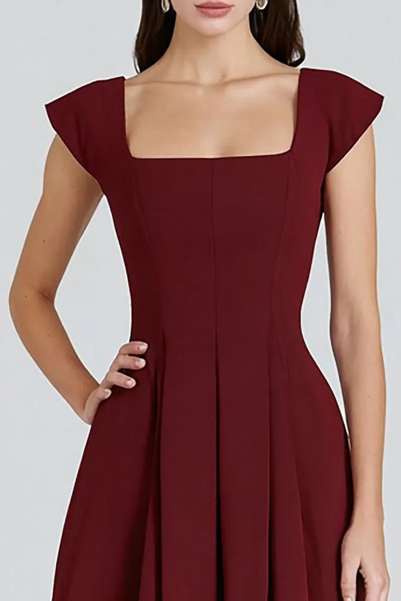 Elegant Fit-and-Flare Square-Neck Cap-Sleeve Floor-Length Prom Dress