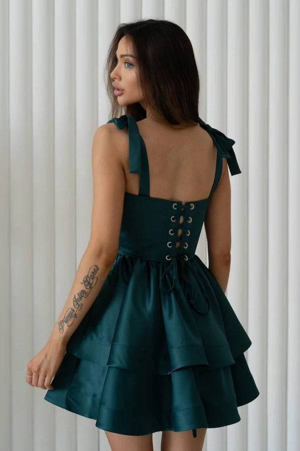 Elegant Fit-and-Flare Sweetheart Neck Bow Strap Lace Up Back Mini Homecoming Dresses