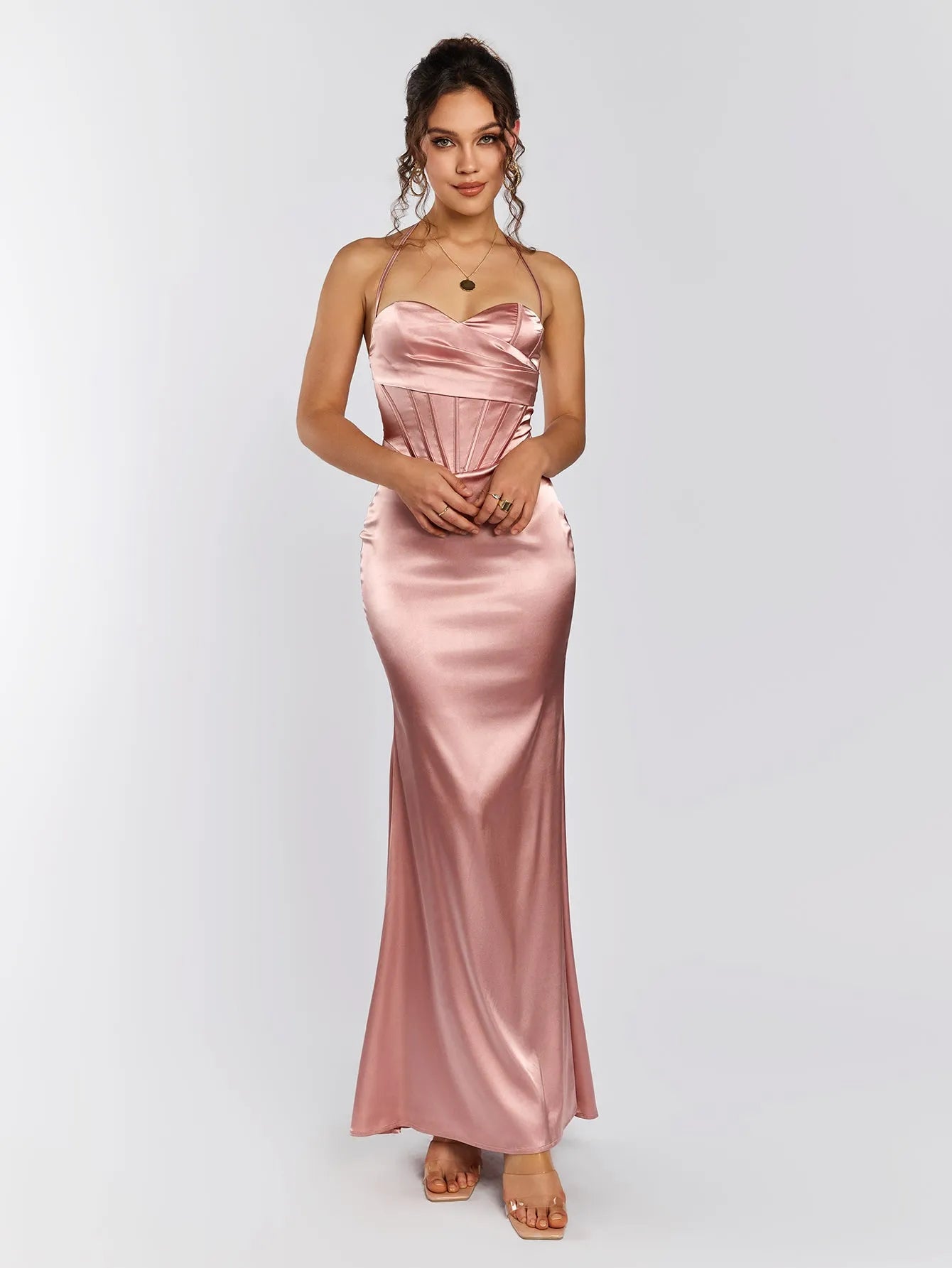 Elegant Fitted Halter Sweetheart Ruched Back Floor-Length Prom Dresses