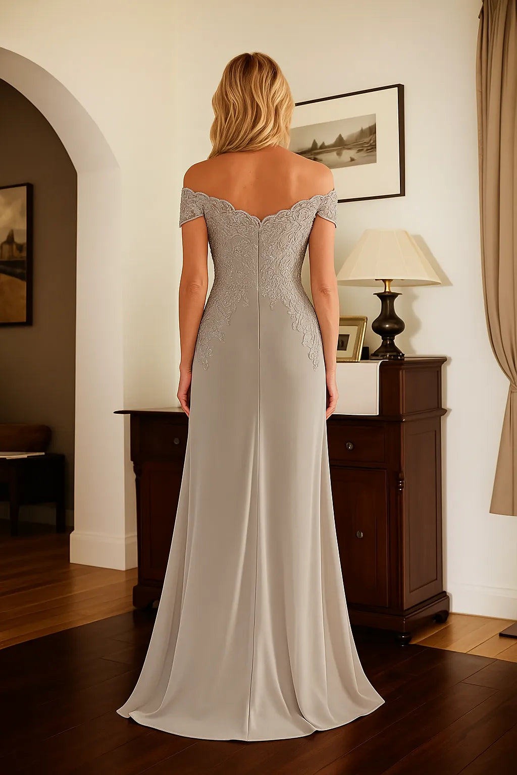Elegant Fitted Off-Shoulder Short-Sleeve Lace-Back Train-Length Mother Of The Bride Dresses