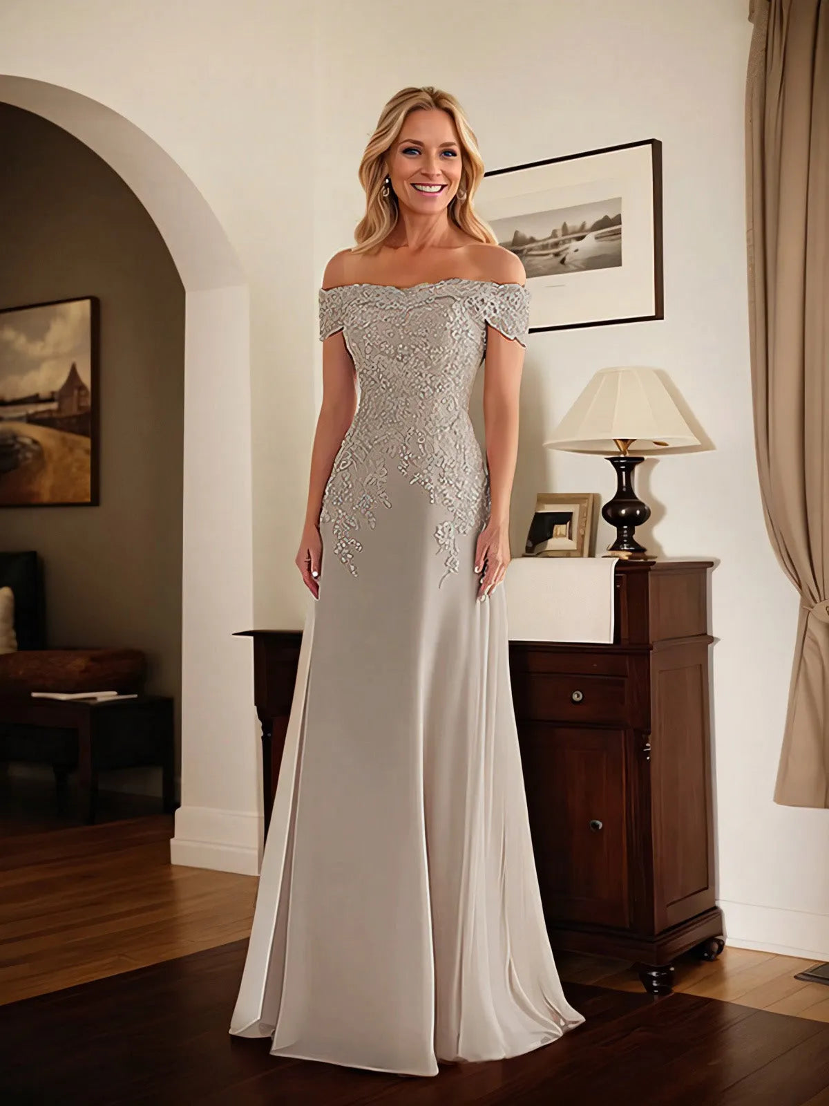 Elegant Fitted Off-Shoulder Short-Sleeve Lace-Back Train-Length Mother Of The Bride Dresses