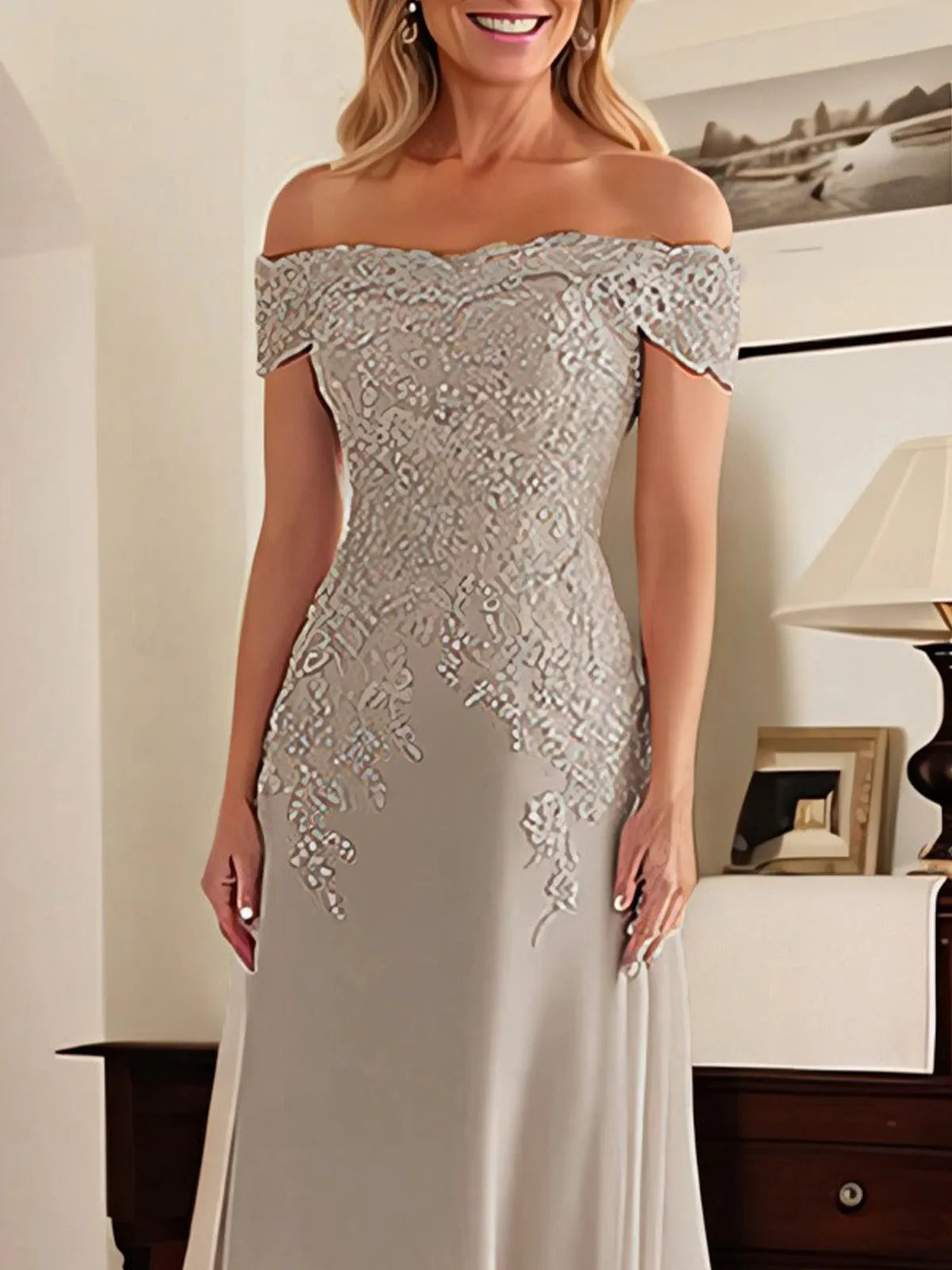 Elegant Fitted Off-Shoulder Short-Sleeve Lace-Back Train-Length Mother Of The Bride Dresses