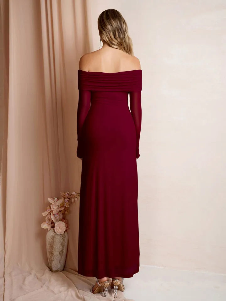 Elegant Fitted Off-the-Shoulder Sheer Long Sleeve Floor-Length Prom Dresses