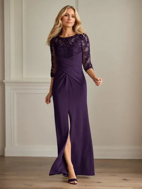 Elegant Fitted Round Neck Three-Quarter Sleeve Keyhole Back Floor-Length Mother Of The Bride Dresses