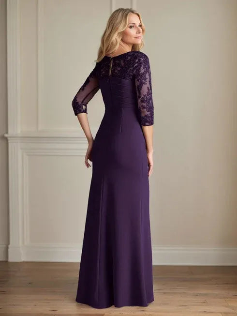 Elegant Fitted Round Neck Three-Quarter Sleeve Keyhole Back Floor-Length Mother Of The Bride Dresses