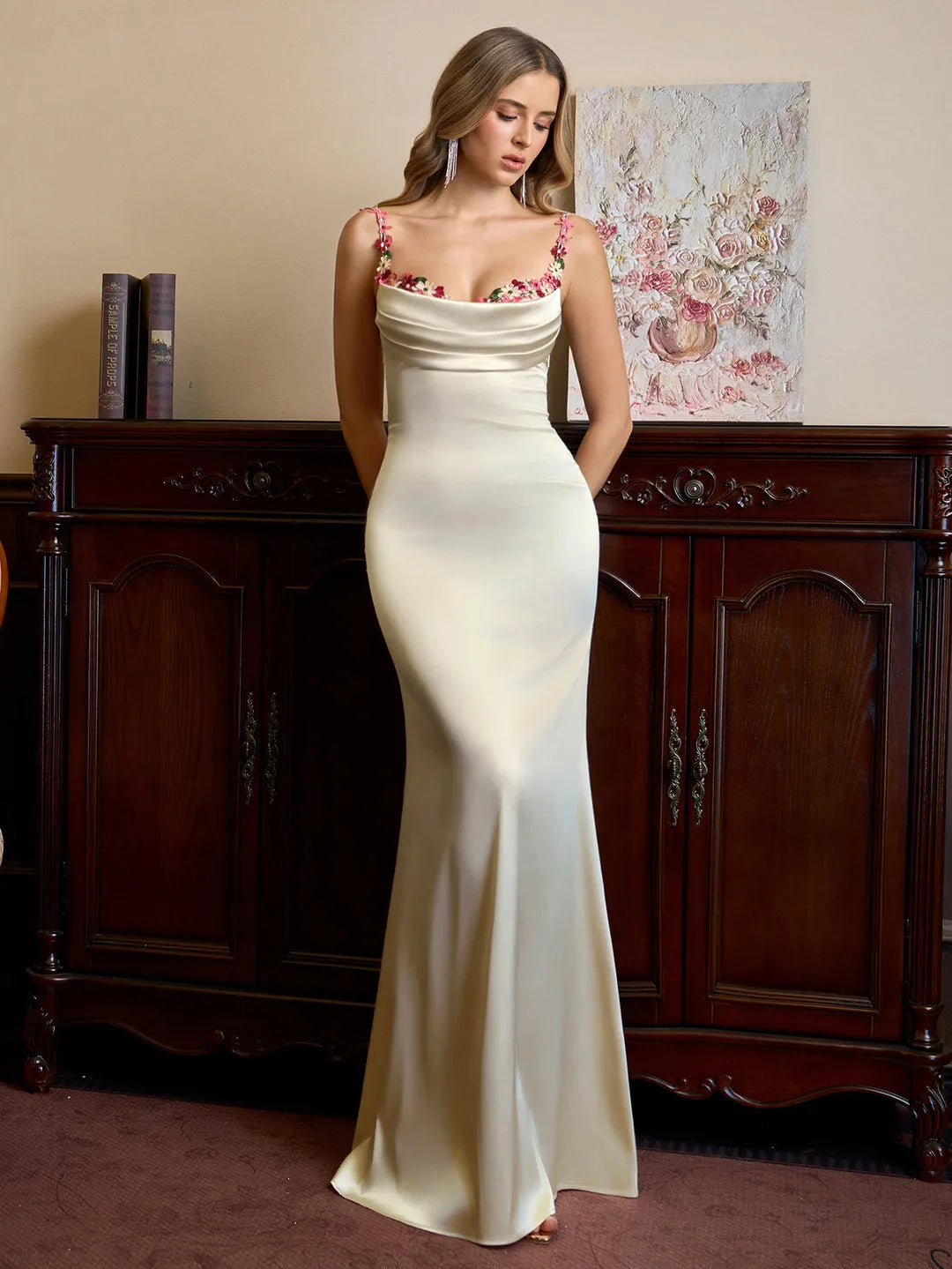 Elegant Fitted Square Neck Floral Strap Tie Back Floor-Length Prom Dresses
