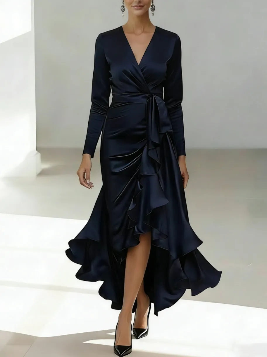 Elegant Fitted V-Neck Long-Sleeve Ruffled-Back High-Low Mother Of The Bride Dresses