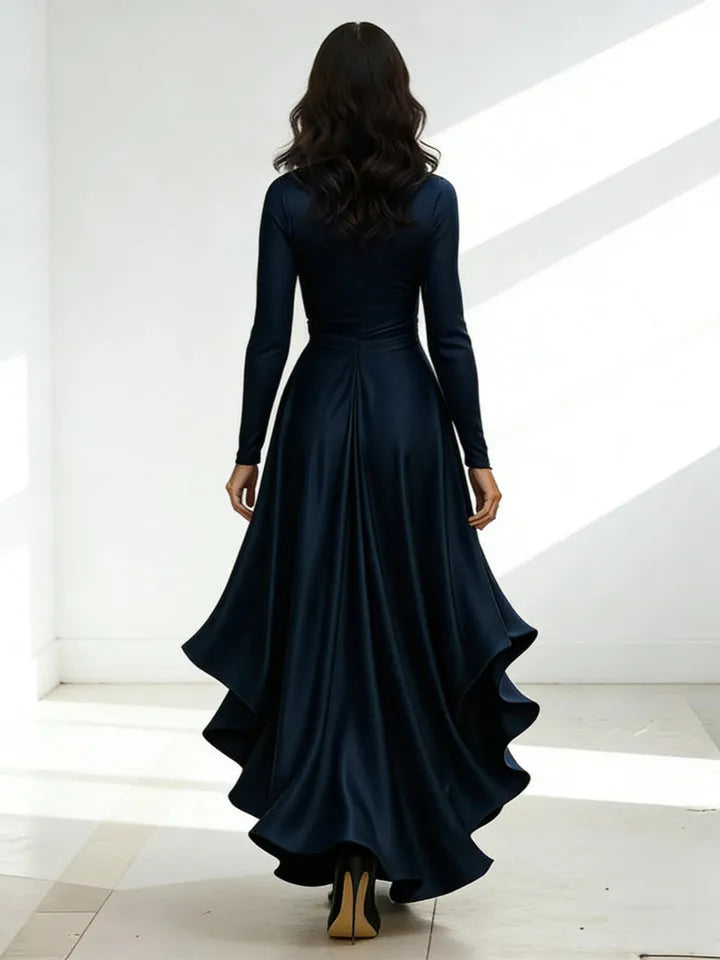 Elegant Fitted V-Neck Long-Sleeve Ruffled-Back High-Low Mother Of The Bride Dresses