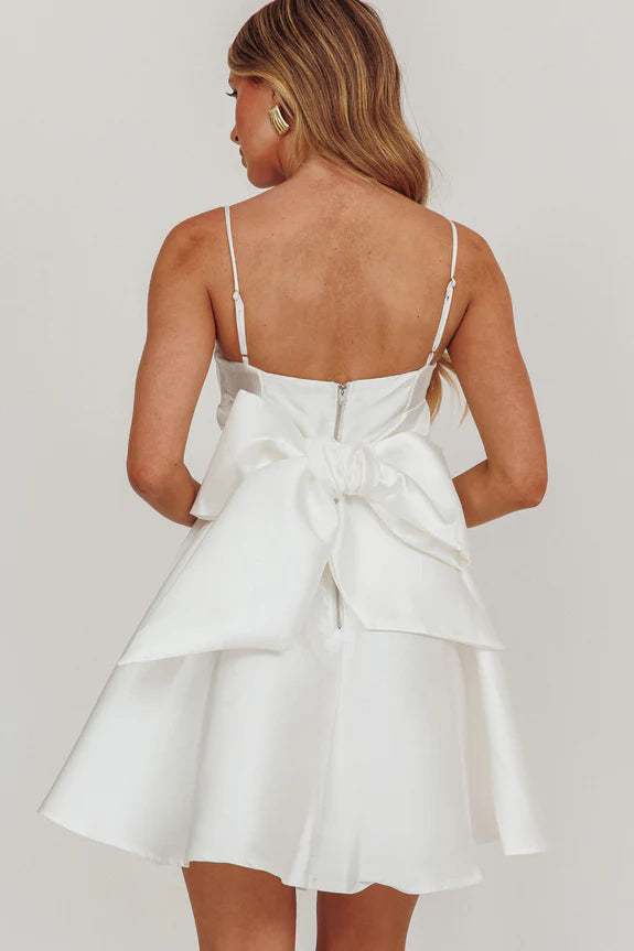 Elegant Flared Square Neck Spaghetti Strap Back Zip Short-Mini Homecoming Dresses With Bow