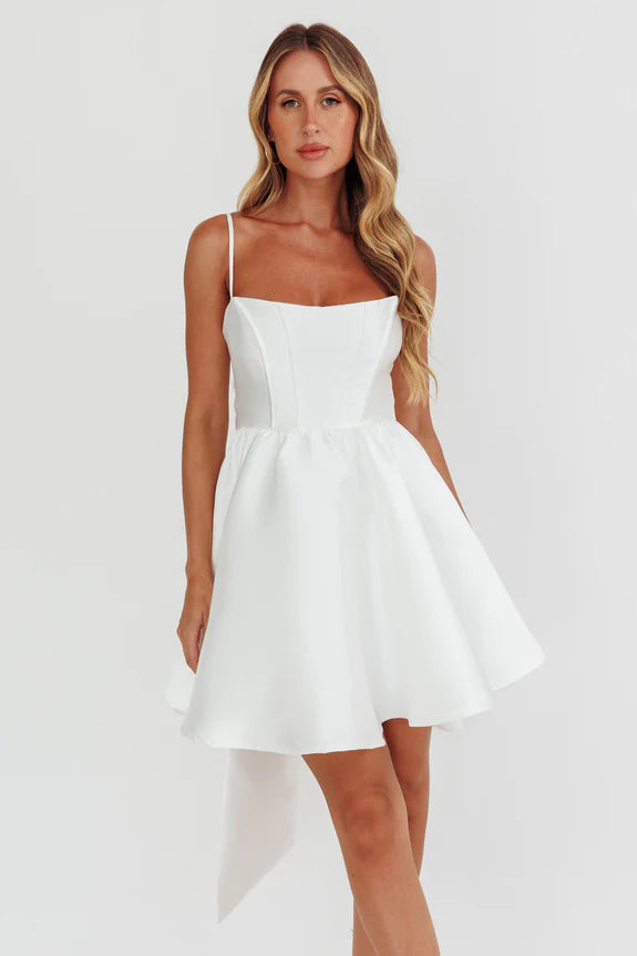 Elegant Flared Square Neck Spaghetti Strap Back Zip Short-Mini Homecoming Dresses With Bow
