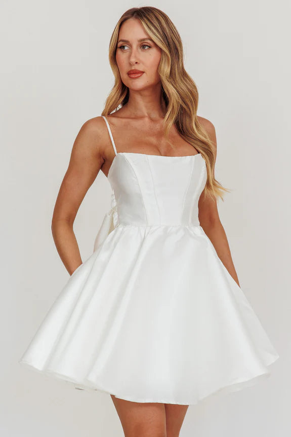 Elegant Flared Square Neck Spaghetti Strap Back Zip Short-Mini Homecoming Dresses With Bow