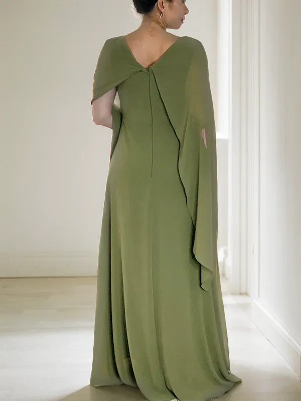 Elegant Flowy Boat Neck Cape Sleeve Zipper Back Floor-Length Mother Of The Bride Dresses