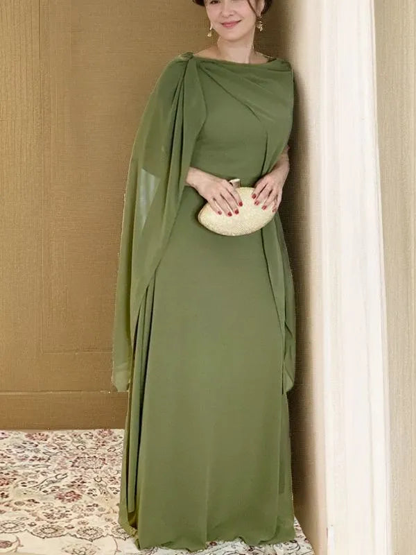 Elegant Flowy Boat Neck Cape Sleeve Zipper Back Floor-Length Mother Of The Bride Dresses