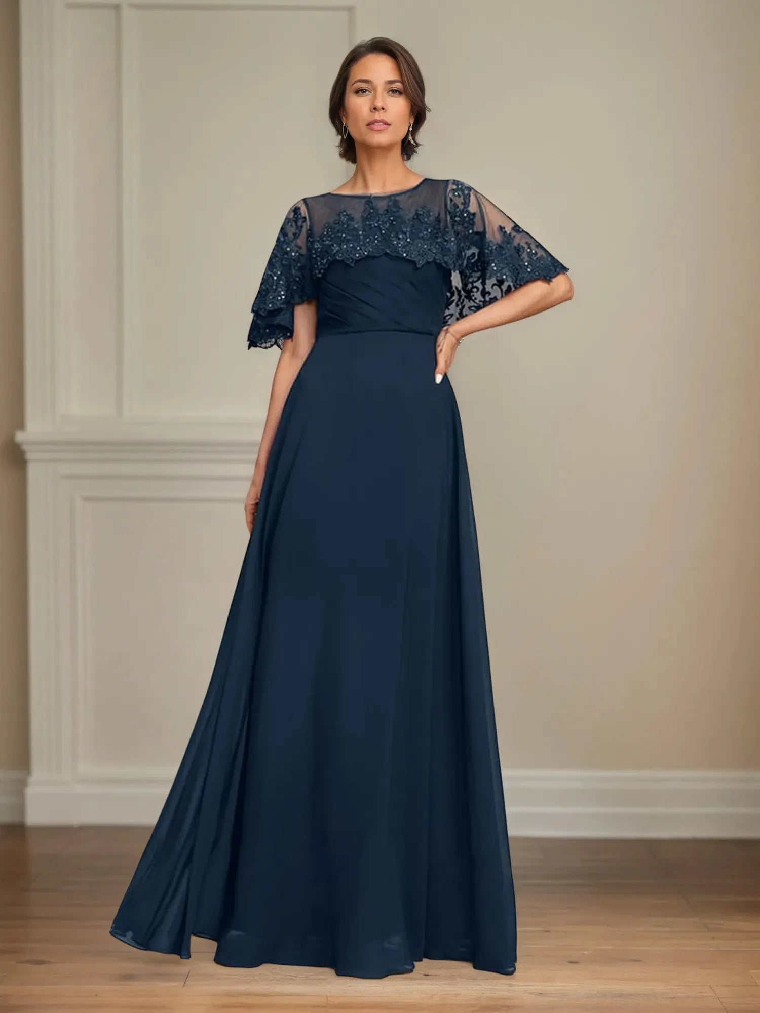 Elegant Flowy Crew Neck Cape-Sleeve Lace-Back Floor-Length Mother Of The Bride Dresses