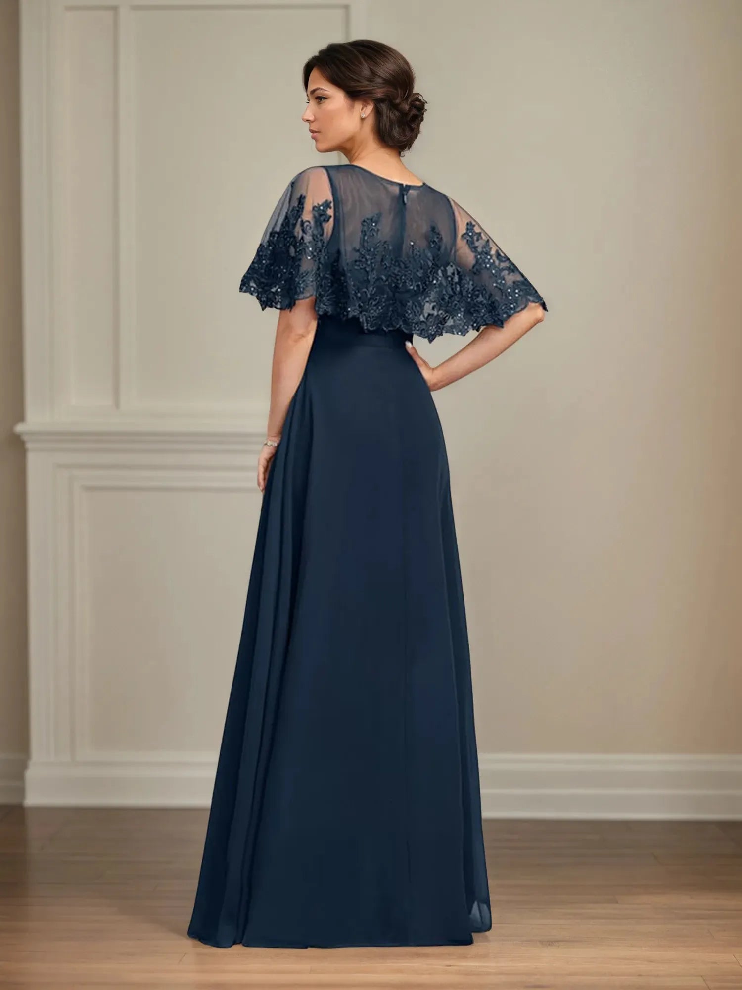 Elegant Flowy Crew Neck Cape-Sleeve Lace-Back Floor-Length Mother Of The Bride Dresses