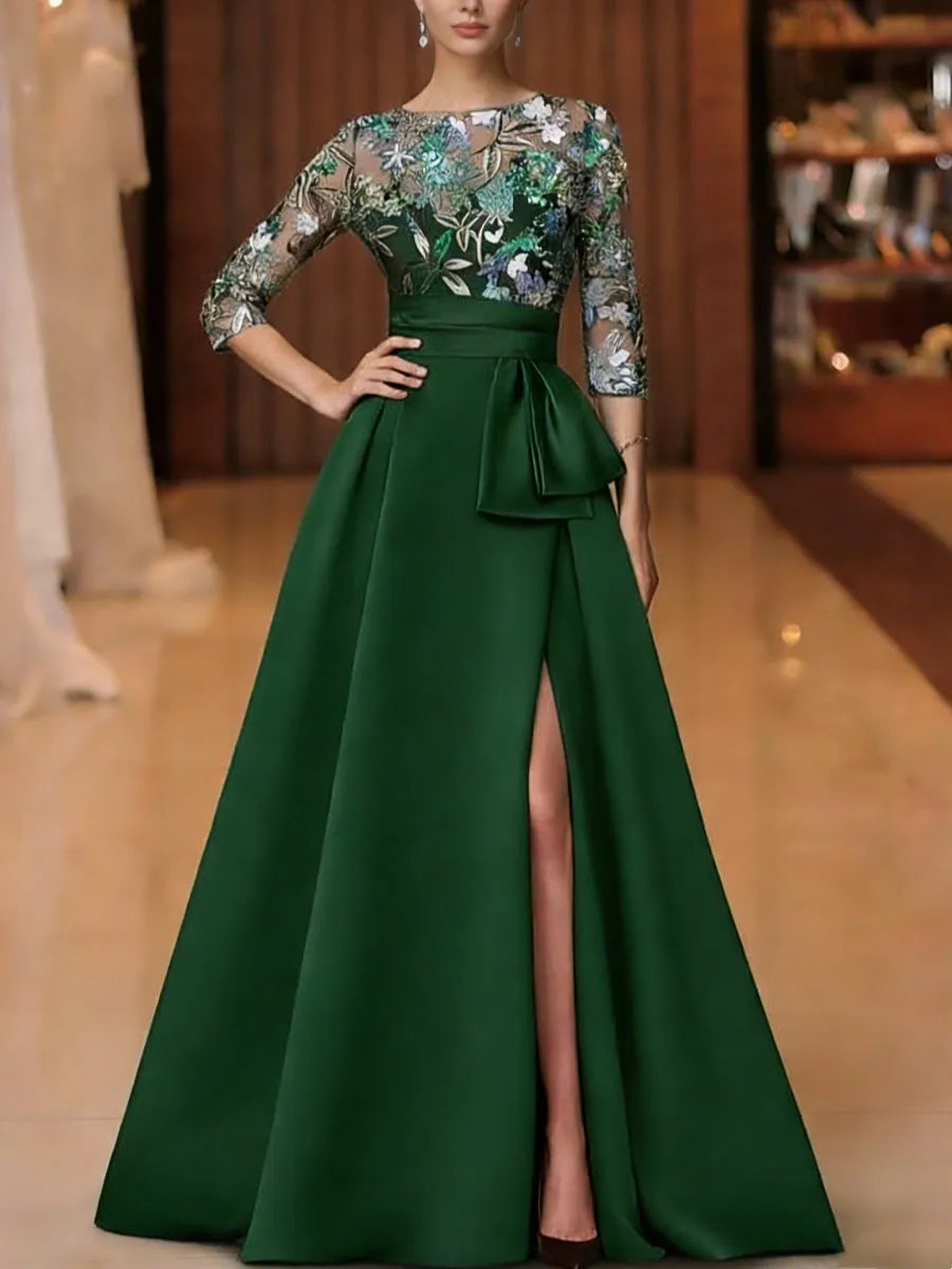 Elegant Flowy Crew Neck Half-Sleeve Lace-Back Floor-Length Mother Of The Bride Dresses