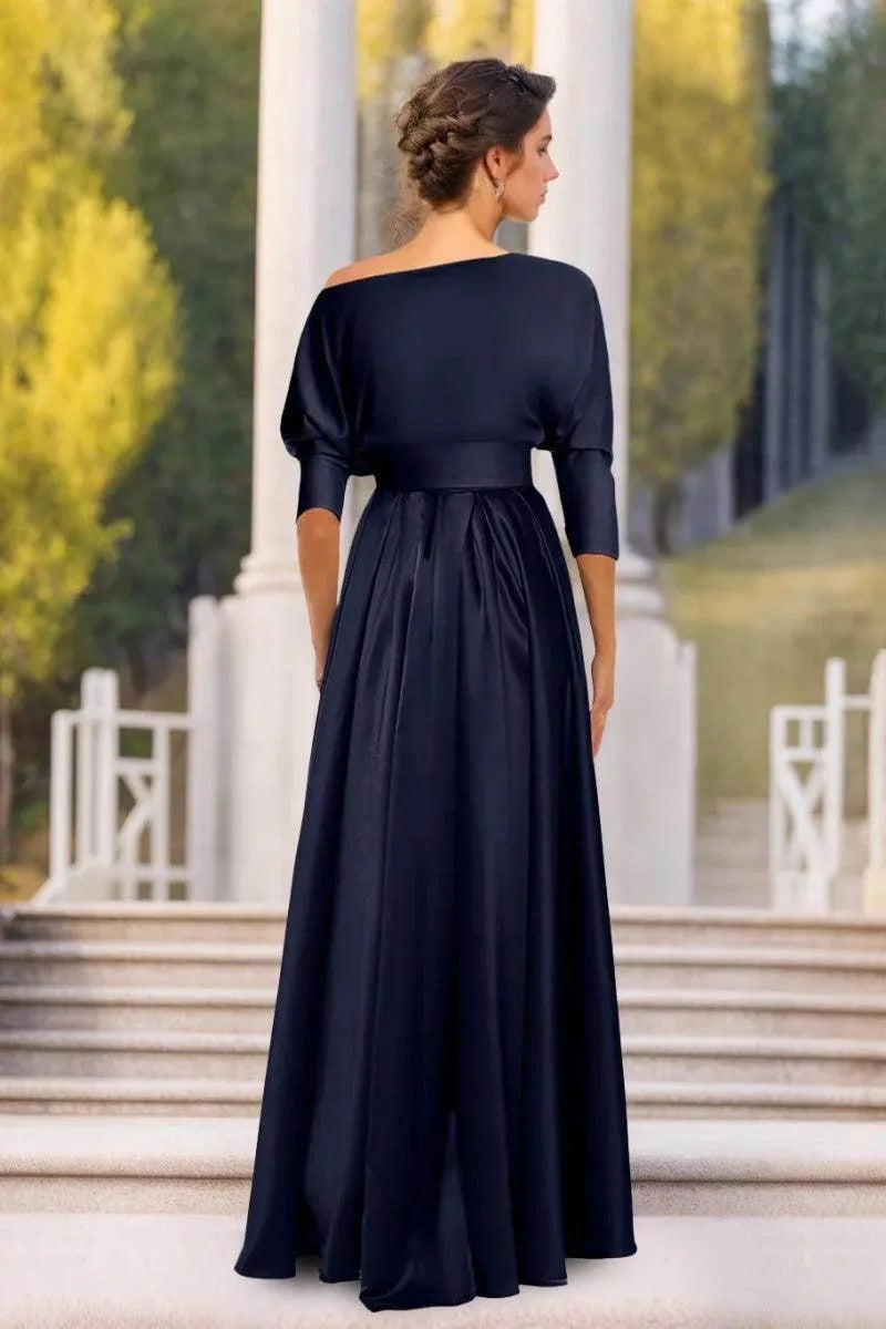 Elegant Flowy Off-Shoulder Three-Quarter Backless Floor-Length Mother Of The Bride Dresses