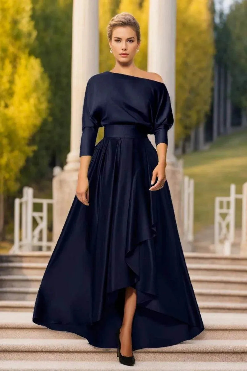 Elegant Flowy Off-Shoulder Three-Quarter Backless Floor-Length Mother Of The Bride Dresses