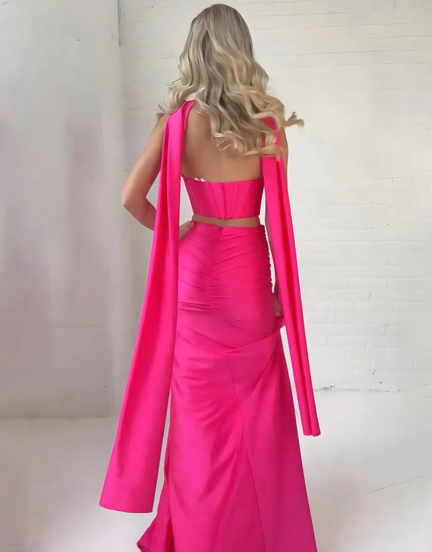 Elegant  Fuchsia Bold Sheath Halter-Neck Cape-Trim Floor-Length Prom Dress