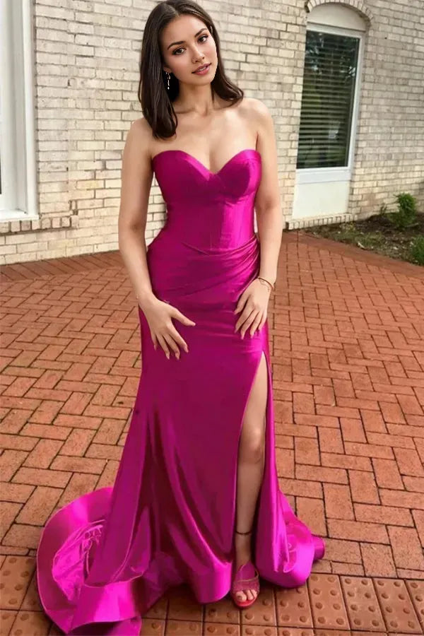 Elegant Fuchsia Mermaid Strapless Sleeveless Back Zip Ruched Satin Sweep/Brush Train Prom Dress with Slit