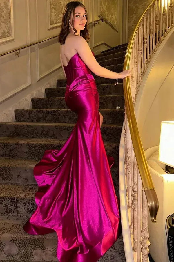 Elegant Fuchsia Mermaid Strapless Sleeveless Back Zip Ruched Satin Sweep/Brush Train Prom Dress with Slit