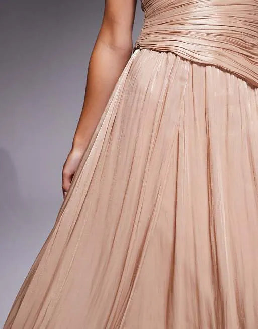 Elegant Gold A-Line One Shoulder Sleeveless Ruched Metallic Back Zip Floor-Length Prom Dresses Hot Sale