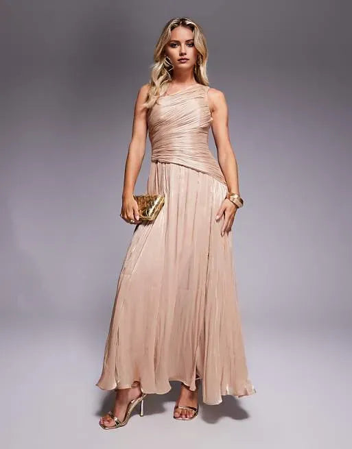 Elegant Gold A-Line One Shoulder Sleeveless Ruched Metallic Back Zip Floor-Length Prom Dresses Hot Sale