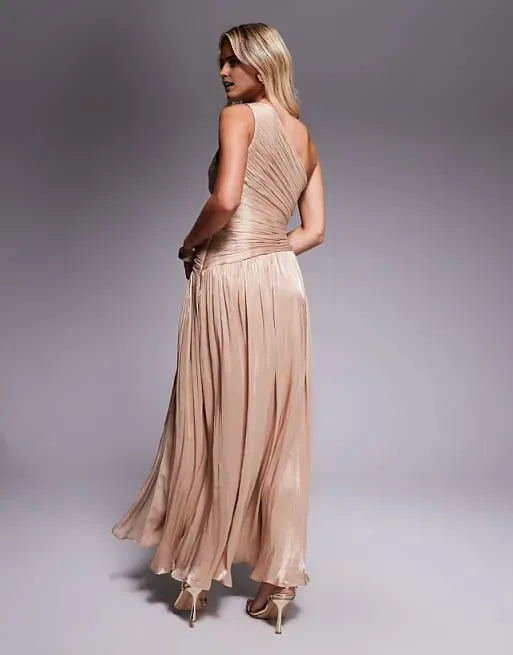 Elegant Gold A-Line One Shoulder Sleeveless Ruched Metallic Back Zip Floor-Length Prom Dresses Hot Sale