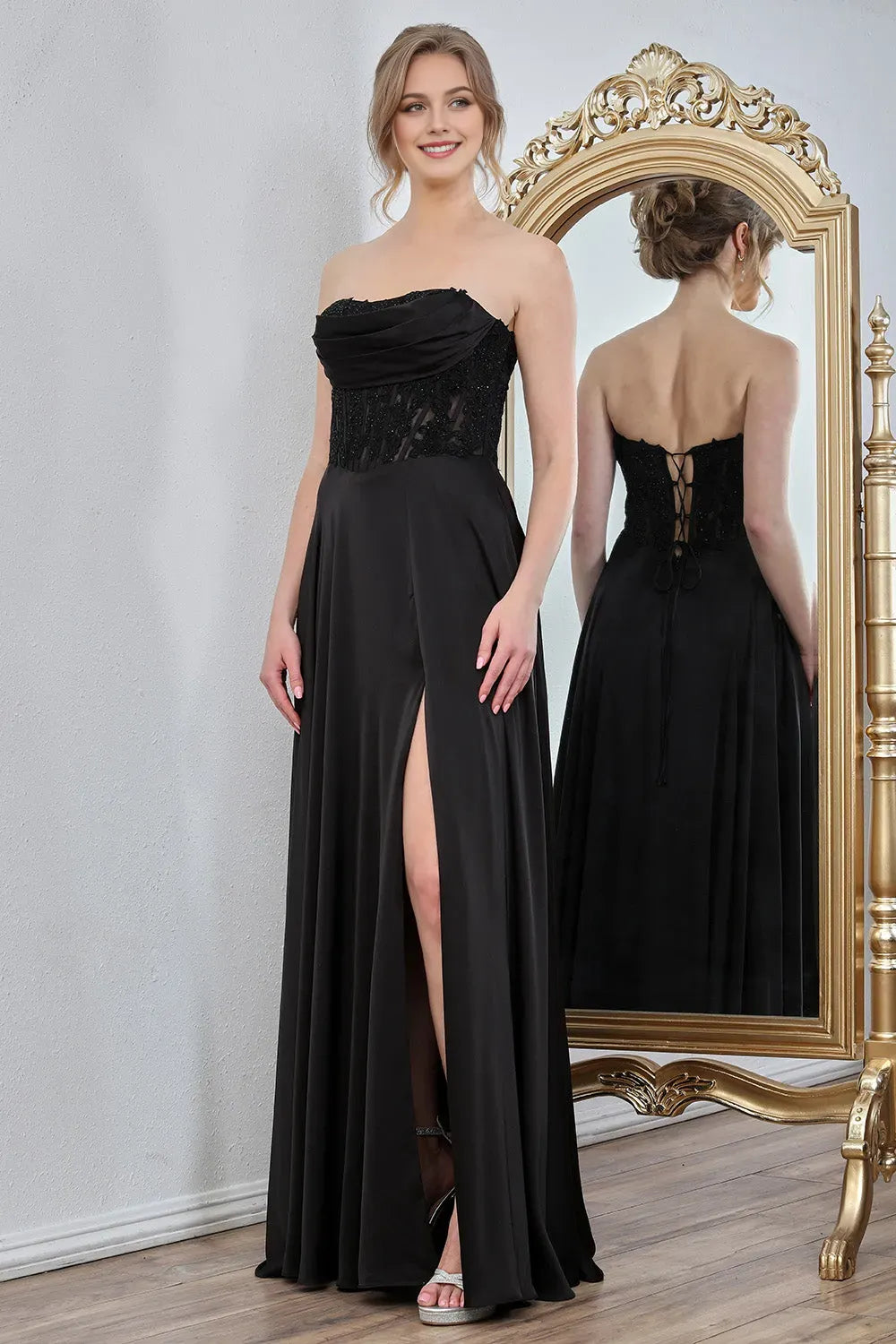 Elegant Gold A-Line Strapless Sleeveless Pleated Lace Applique Lace Up High-Slit Floor-Length Prom Dresses Hot Sale ﻿