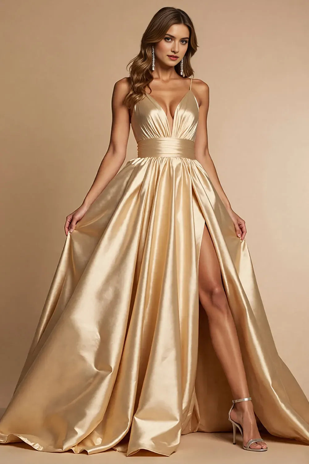 Elegant Golden A-Line Deep V-Neck Spaghetti Strap Back Zip Sweep/Brush Train High-Slit Prom Dress
