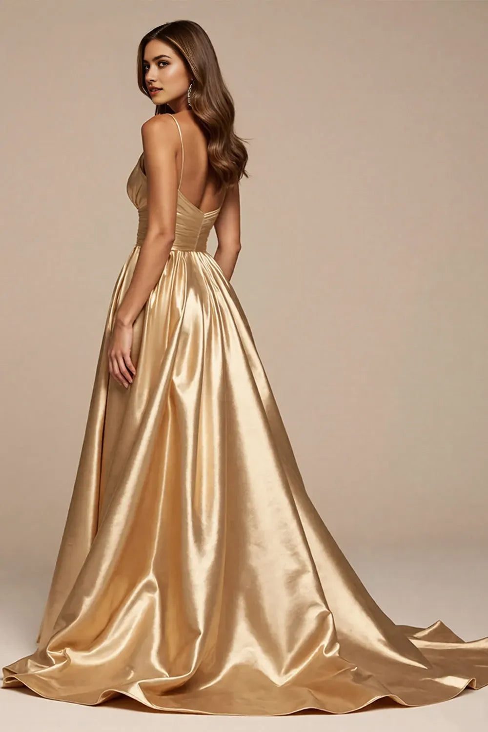 Elegant Golden A-Line Deep V-Neck Spaghetti Strap Back Zip Sweep/Brush Train High-Slit Prom Dress