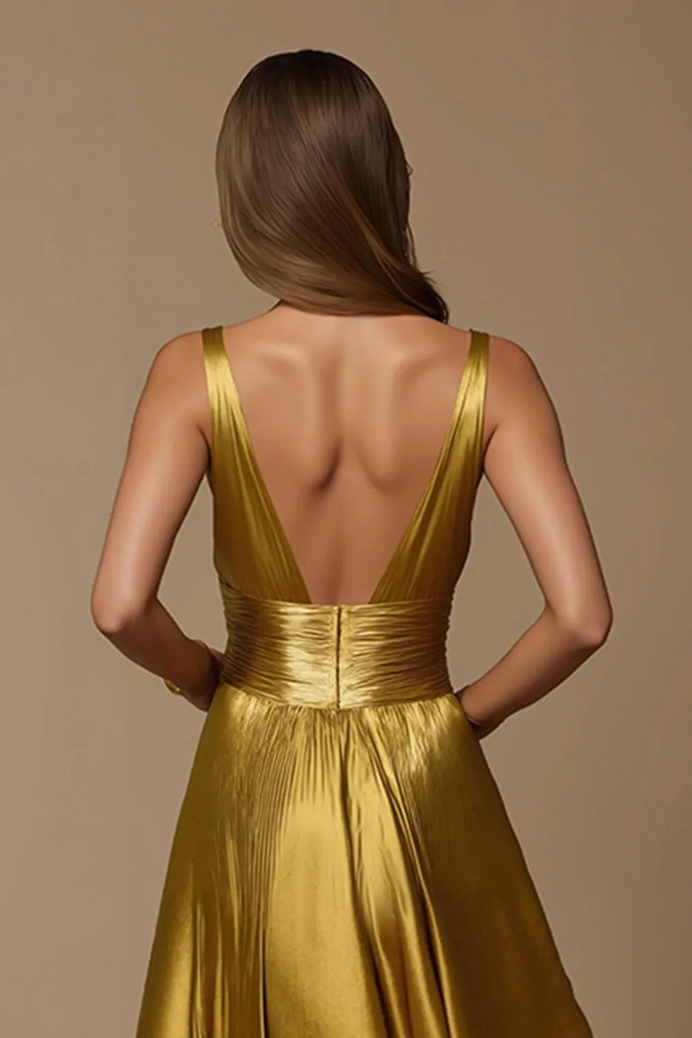 Elegant Golden A Line Deep V Neck Sleeveless Open Back Floor-Length Metallic Ruched Prom Dress