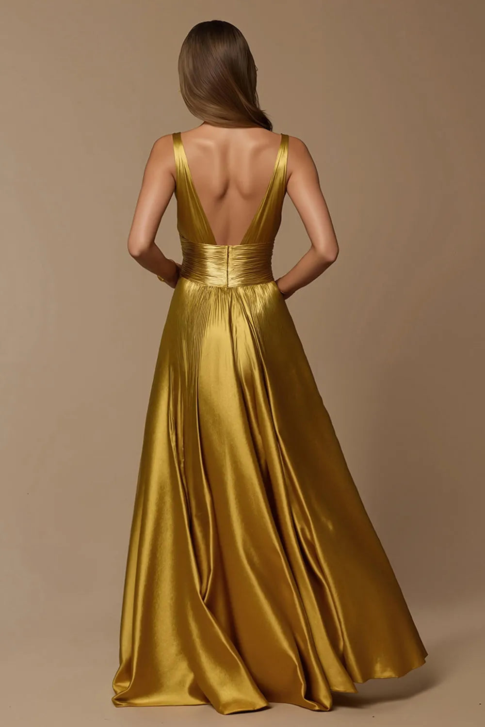 Elegant Golden A Line Deep V Neck Sleeveless Open Back Floor-Length Metallic Ruched Prom Dress