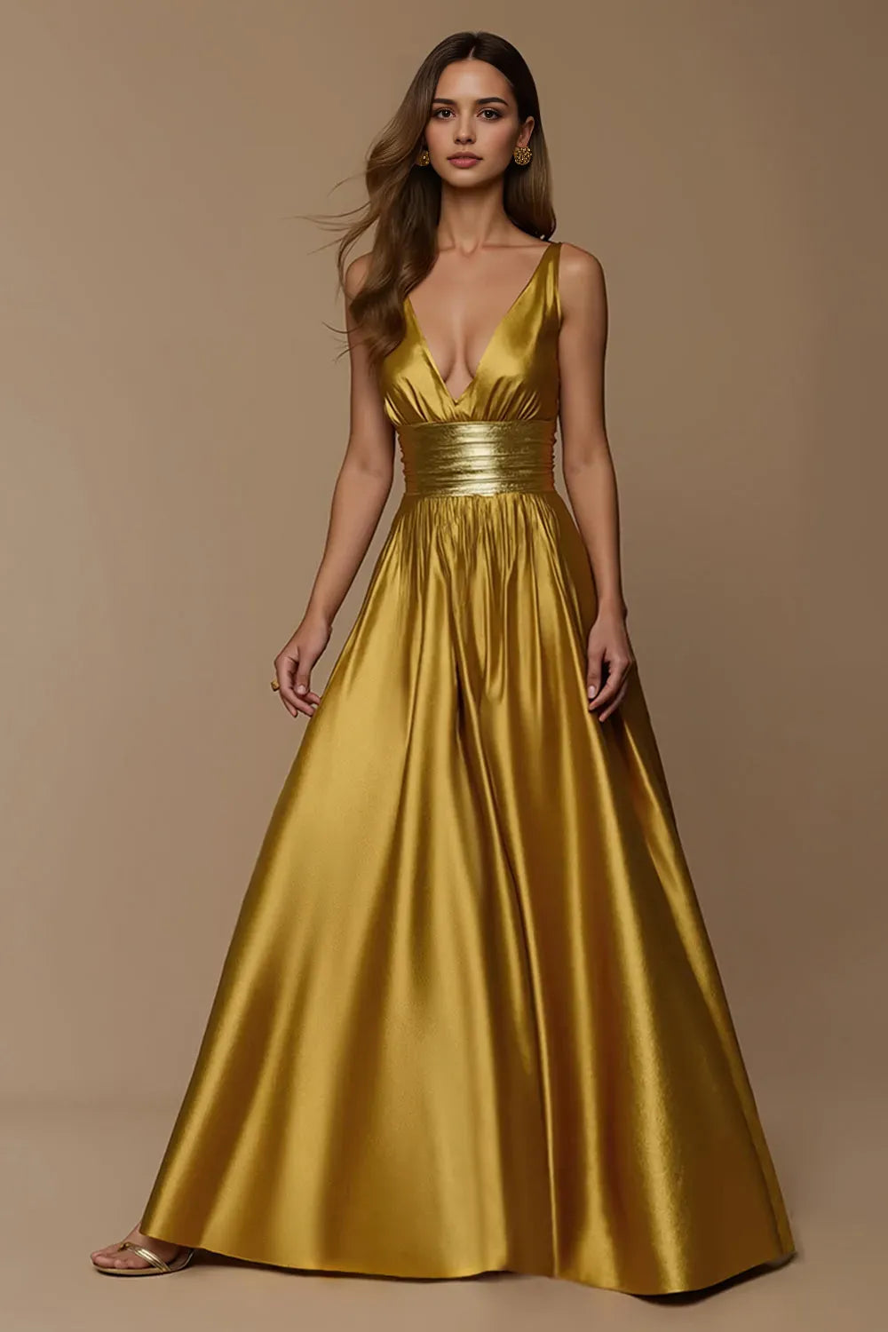 Elegant Golden A Line Deep V Neck Sleeveless Open Back Floor-Length Metallic Ruched Prom Dress