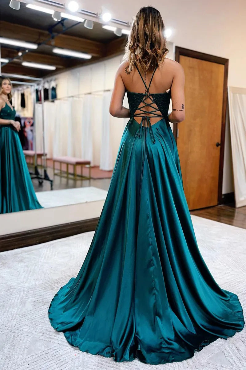Elegant Green A-Line Spaghetti Straps Sleeveless Lace Appliques Satin High Side Slit Crisscross Back Floor-Length Prom Dress  ﻿