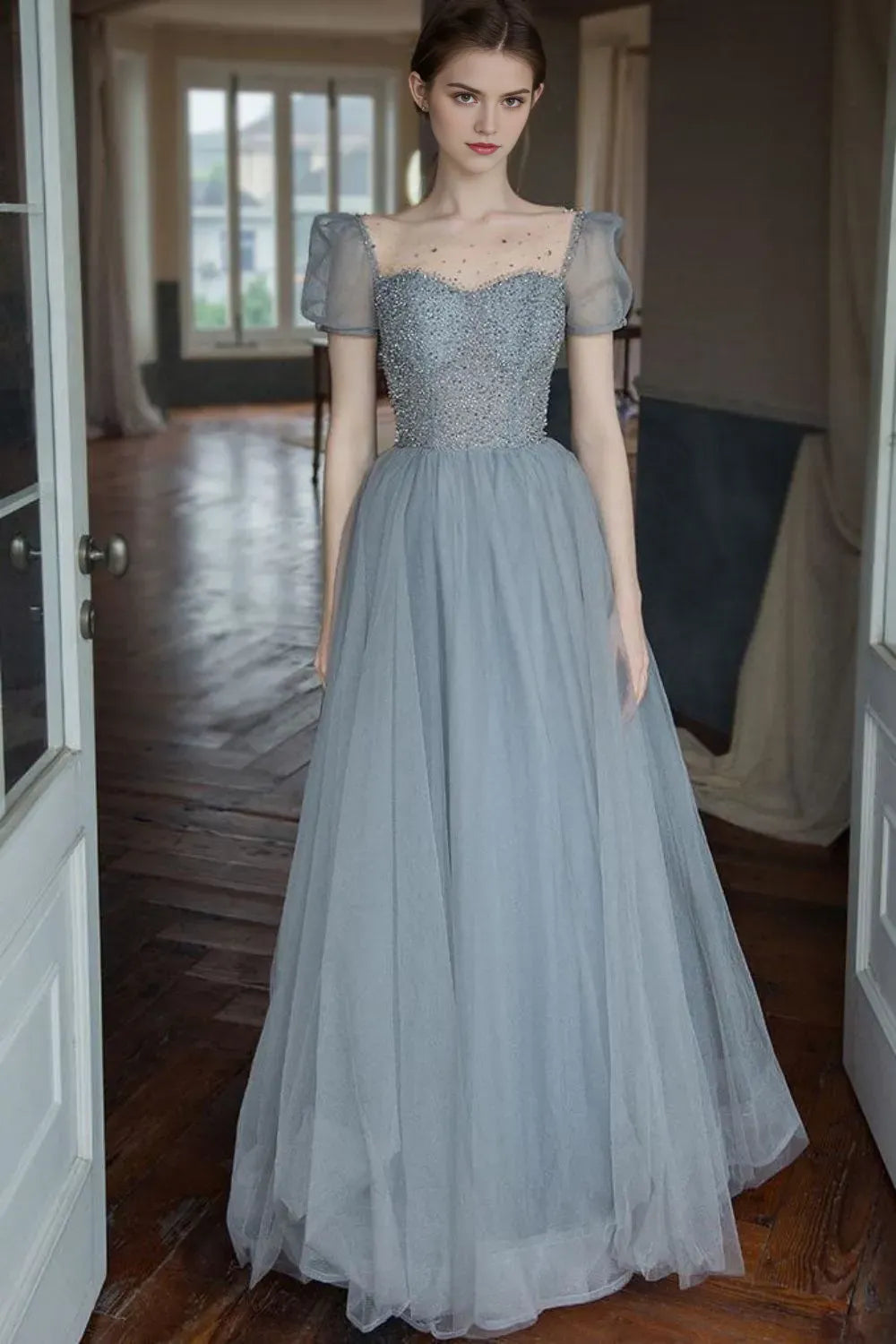 Elegant Grey A Line Square Neck Puff Sleeve Beaded Bodice Lace-Up Back Floor-Length Prom Dress