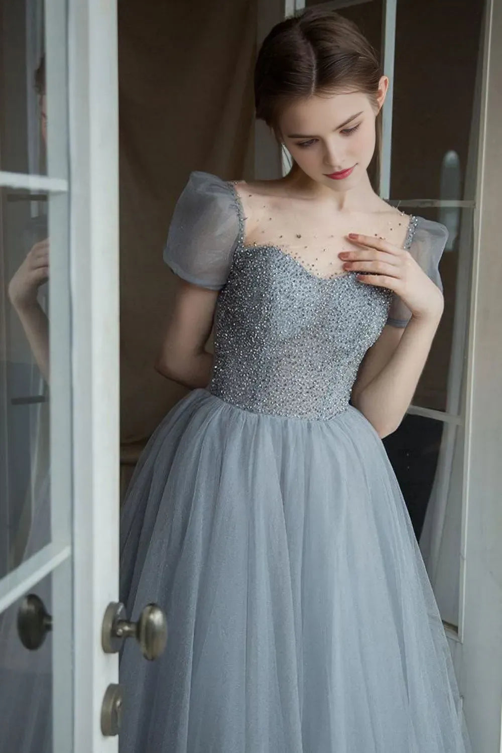 Elegant Grey A Line Square Neck Puff Sleeve Beaded Bodice Lace-Up Back Floor-Length Prom Dress