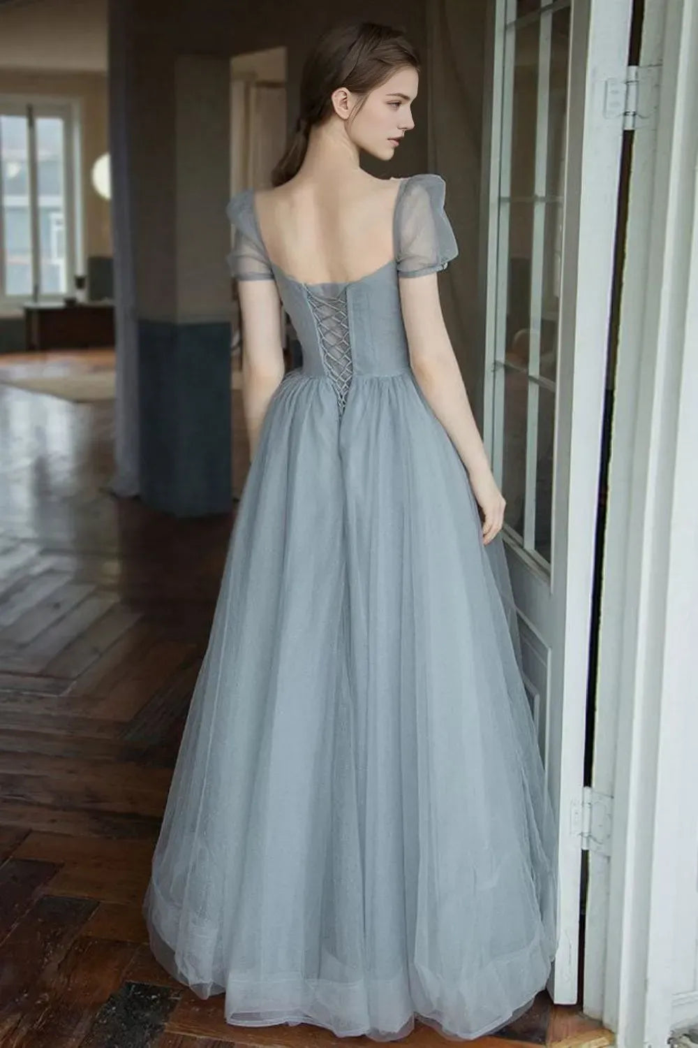 Elegant Grey A Line Square Neck Puff Sleeve Beaded Bodice Lace-Up Back Floor-Length Prom Dress