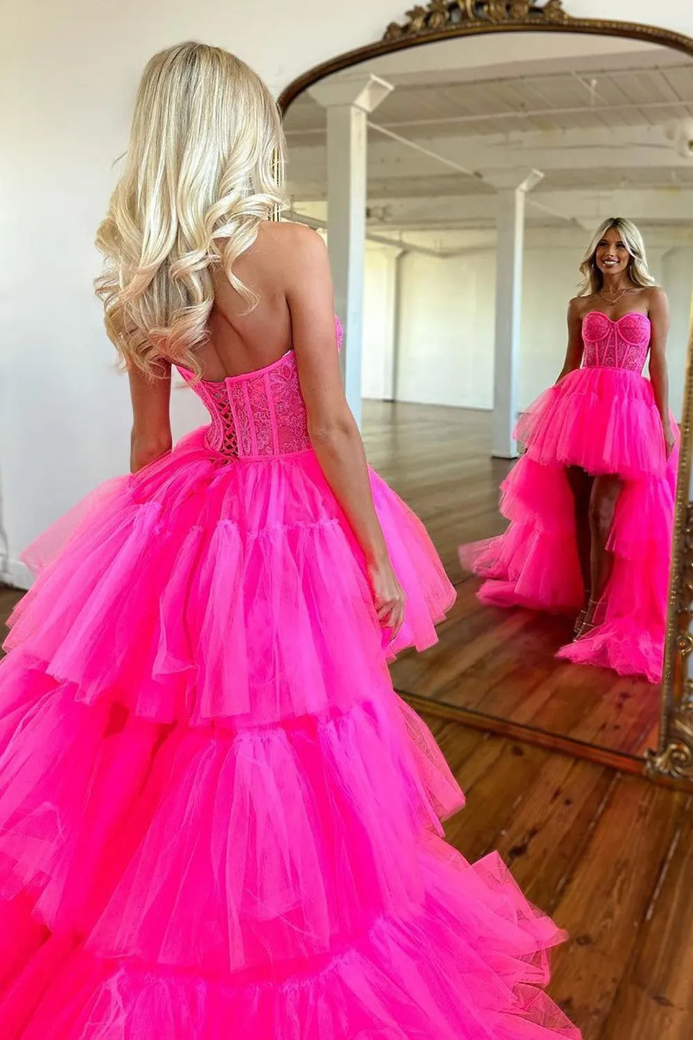 Elegant Hot Pink Asymmetrical Sweetheart Neck Sleeveless Lace Up Lace Tiered Tulle High-Low Prom Party Dress ﻿